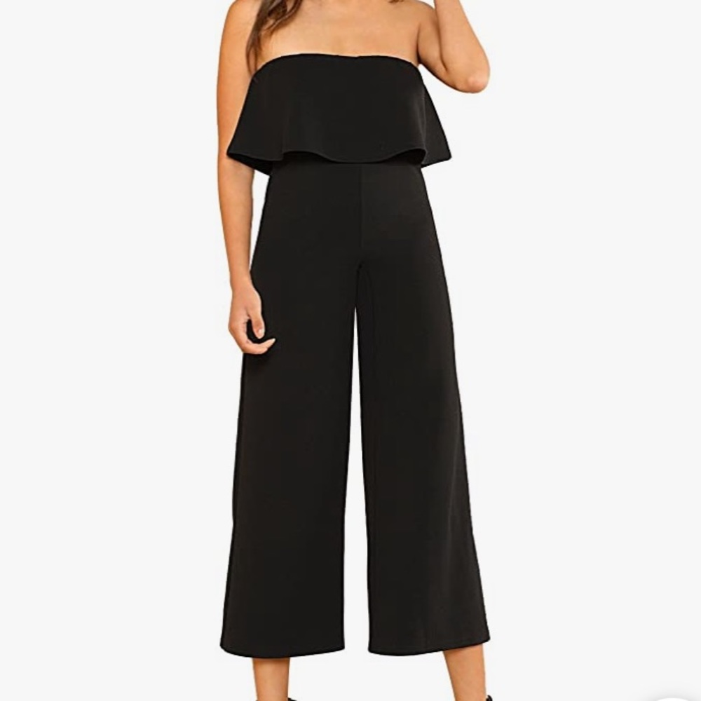SheIn Strapless Tube Top High Waist Wide Leg Flounce Jumpsuit SzM